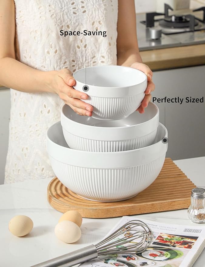 Large Ceramic Mixing Bowls, White Kitchen Bowls (1QT/2.3QT/4.6QT), Set of 3 Nesting Bowls for Baking, Cooking, Serving, Prepping, Dough Bread Making Bowl, Microwave and Dishwasher Safe - Image 3