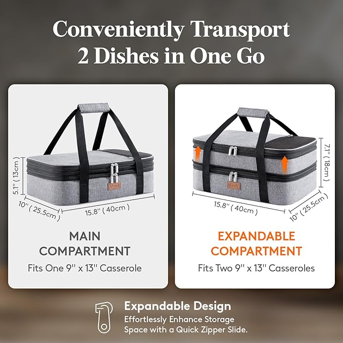 Lifewit Insulated Double Decker Casserole Carrier, Expandable Lasagna Lugger Tote Bag for Hot or Cold Food, Fits 9" x 13" Baking Dish for Potluck Parties, Picnic and Cookouts, Grey