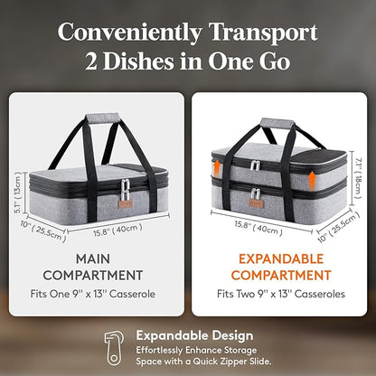 Lifewit Insulated Double Decker Casserole Carrier, Expandable Lasagna Lugger Tote Bag for Hot or Cold Food, Fits 9" x 13" Baking Dish for Potluck Parties, Picnic and Cookouts, Grey