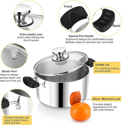 4 Quart 3-Ply Cooking Stock Pot with Lid, P&P CHEF Stainless Steel Large Pot for Pasta Soup, Work on Multi Stove, Heavy Duty & Dishwasher Safe, Dual Heat-resistant Handles & Transparent Glass Lid - Image 3