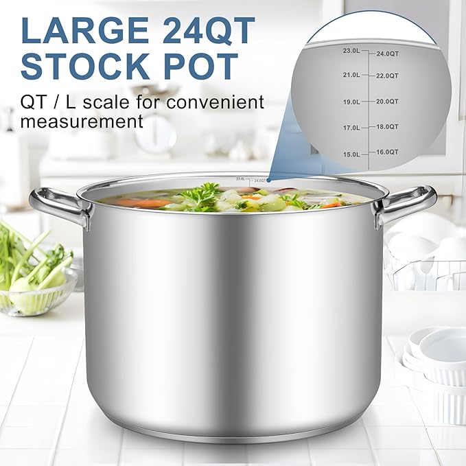 TeamFar Stainless Steel Stock Pot, 24QT Large Stockpot Tri-ply Bottom Cooking Soup Pot with Glass Lid, for Induction Gas Glass Stovetops, Non Toxic & Heavy Duty, Large Size & Easy Clean - Image 4