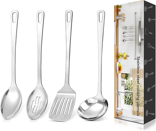 4 Pcs Cooking Utensils Set, Stainless Steel Kitchen Utensils, Heat Resistant Metal Kitchen Tools Include Slotted Turner Wok Spatula, Solid & Slotted Serving Spoon, Ladle, Easy to Clean, Silver by Unknown