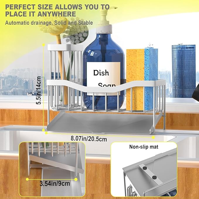 Maifan Sink Caddy Sponge Holder for Kitchen with Brush Holder and Stainless Steel Self Drain Tray, Rustproof Kitchen Sink Organizer for Sponge, Soap Dispenser Storage Accessories (Lacquer Silver) - Image 5