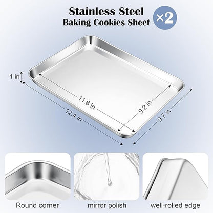 E-far Stainless Steel Baking Sheets, 12.4” x9.7” x 1” Baking Cookie Sheets Pans for Oven, Non-toxic Metal Trays for Cake Cookies, Healthy & Rust Free, Mirror Finish & Dishwasher Safe, 2 Pack - Image 2
