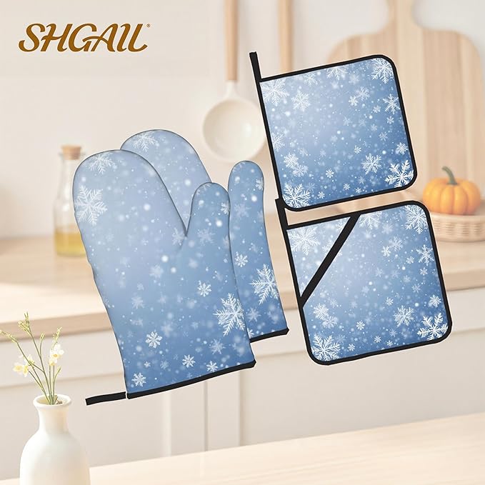 Winter Snowflakes Oven Mitts and Heat Resistant Pads - Heat Resistant Gloves Potholder Set of 4 for Cooking, BBQ, Gifts for Women