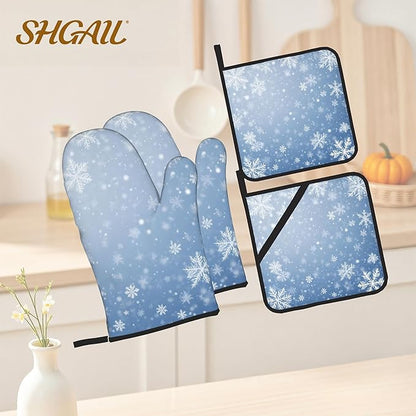 Winter Snowflakes Oven Mitts and Heat Resistant Pads - Heat Resistant Gloves Potholder Set of 4 for Cooking, BBQ, Gifts for Women