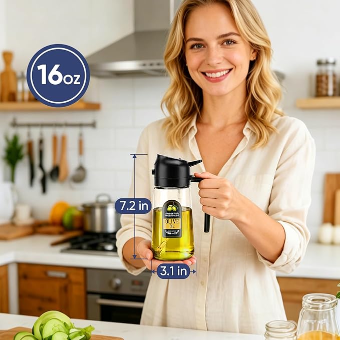 New Upgraded 2 in 1 Oil Sprayer For Cooking, 16oz/470ml Olive Oil Dispenser Bottle for Kitchen