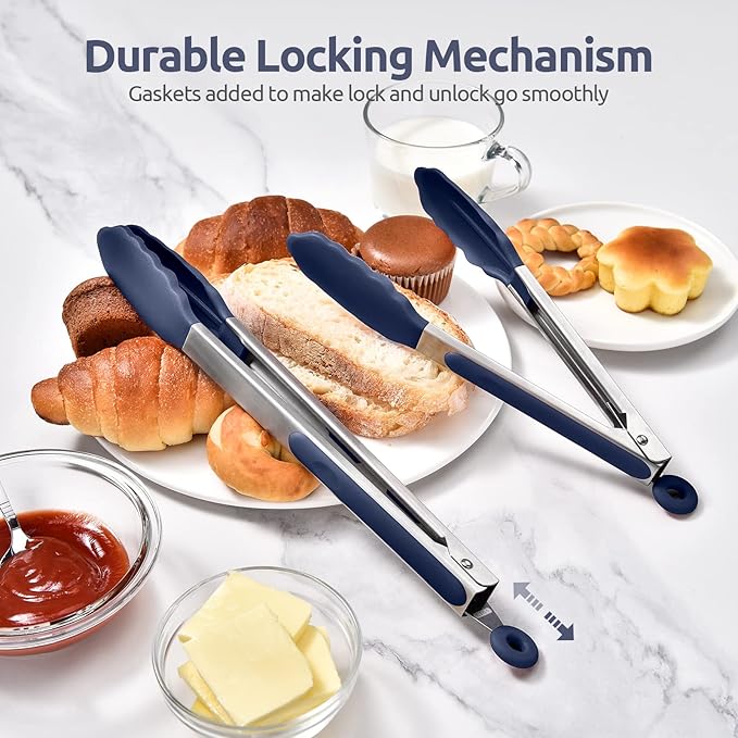 600ºF Heat Resistant Kitchen Tongs: U-Taste 9+12 inch Silicone Cooking Tong Set with Firm Sealed Non Stick Rubber Tips and Silicon Coated 18/8 Stainless Steel Handle for Serving Grilling-Midnight Blue - Image 7