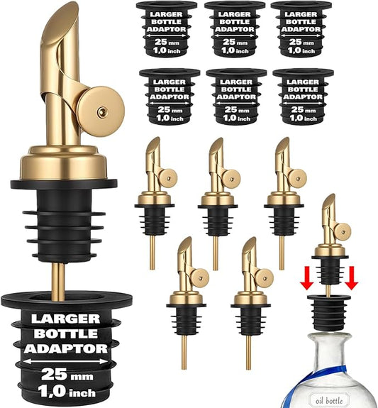 Pafusen Olive Oil Pour Spout with Adapters, Oils Pourer for Olive Oil Dispenser Bottle, Easily Turn Your Bottles into Dispensers for Liquor,Oils,Bottle Pourers (Gold, 6 Pack Pour +Adapters)