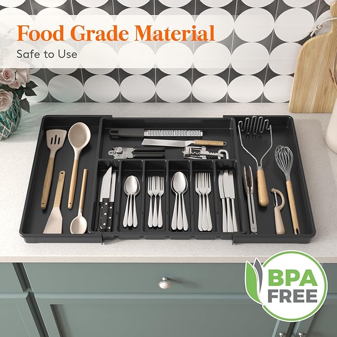 Lifewit Silverware Drawer Organizer, Expandable Utensil Tray for Kitchen, BPA Free Flatware and Cutlery Holder, Adjustable Plastic Storage for Spoons Forks Knives, 18- 33 x 18.5", Black - Image 8