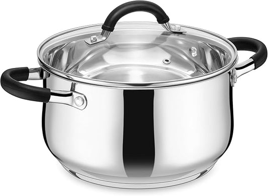 E-far 4 Quart Stockpot, Stainless Steel Pot with Visible Lid for Cooking Soup Pasta, Tri-Ply Thick Base for Induction Gas, Small Cooking Pot with Dual Heat Proof Handles, Non-Toxic & Dishwasher Safe by E-far
