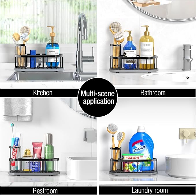 Sponge Holder for Kitchen Sink with High Brush Holder, [Stay-Dry Anywhere & No Drainage Needed] Rustproof Stainless Steel Kitchen Sink Caddy Organizer with Water Absorbing Stone Tray, Black - Image 7