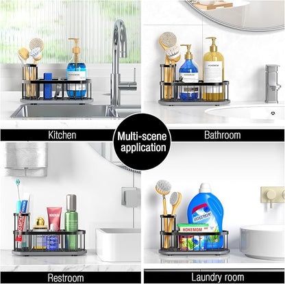 Sponge Holder for Kitchen Sink with High Brush Holder, [Stay-Dry Anywhere & No Drainage Needed] Rustproof Stainless Steel Kitchen Sink Caddy Organizer with Water Absorbing Stone Tray, Black - Image 7