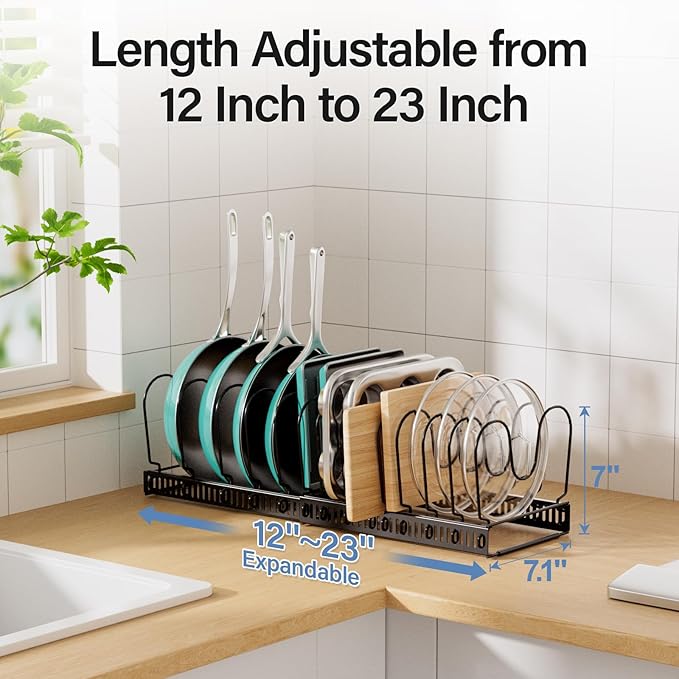 ORDORA Pots and Pans Organizer under Cabinet with Pot Lid Organizer, Expandable Rack for Pan and Pot Organizers Inside Cabinet, 11.8"-22.8" Adjustable with 14 Dividers for Kitchen Organization, Black - Image 3