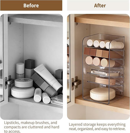 PAVSTINE Medicine Cabinet Organizer with Adjustable Dividers, Clear Vertical Layered Backward Slanting Shelves for Pressed Powder/Lip Gloss/Mascara Storage (5-Tier Gentle Slant)