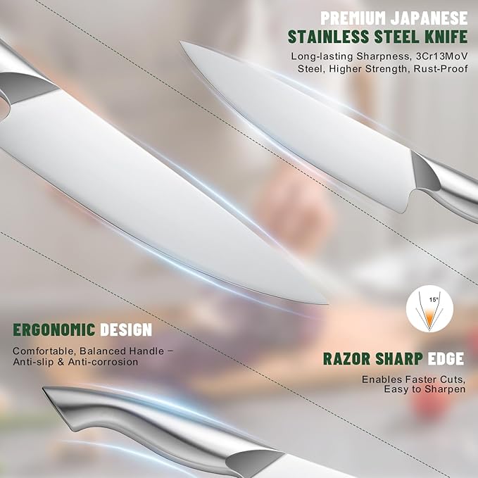 Knife Set, EWFEN 14-Piece Kitchen Knife Set with Block, German Stainless Steel Knives with Built-in Knife Sharpener, Anti-Slip Sharp Knives Set for Kitchen, Dishwasher Safe, Curved Handle - Image 5