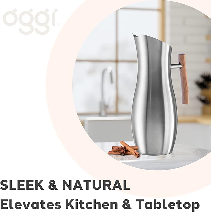 OGGI Slimline Stainless Steel Pitcher- Stainless Steel Water w/Ice Guard, Water Carafe, Great Metal Container for Entertaining, Ideal 68oz / 2 Lt Drink Pitcher - Image 3