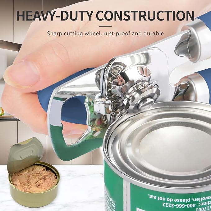 Safring Can Opener Manual, Heavy Duty Stainless Steel Smooth Edge Can Opener With Soft Touch Handle, Oversized Handheld Easy Turn Knob, Multi-Function Bottle Opener, Blue