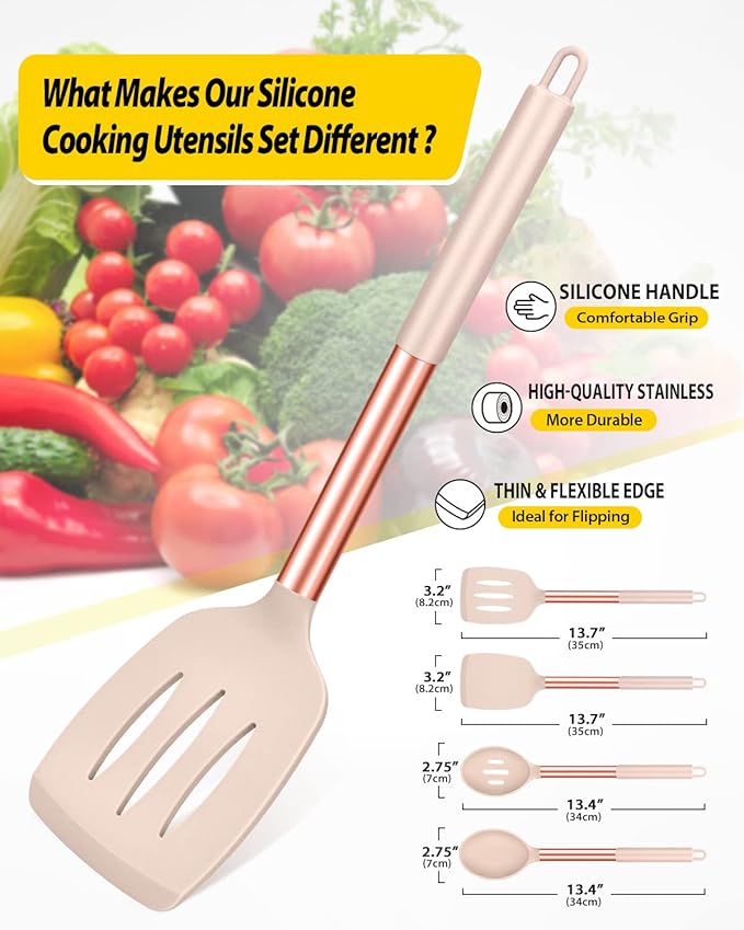 Pack of 4 Silicone Cooking Utensils Set, Non Stick Large Solid Spatulas, Heat Resistant Rose Gold Khaki Slotted Spoons, Ideal BPA Free Kitchen Turners for Frying, Mixing,Serving,Draining,Turning - Image 2