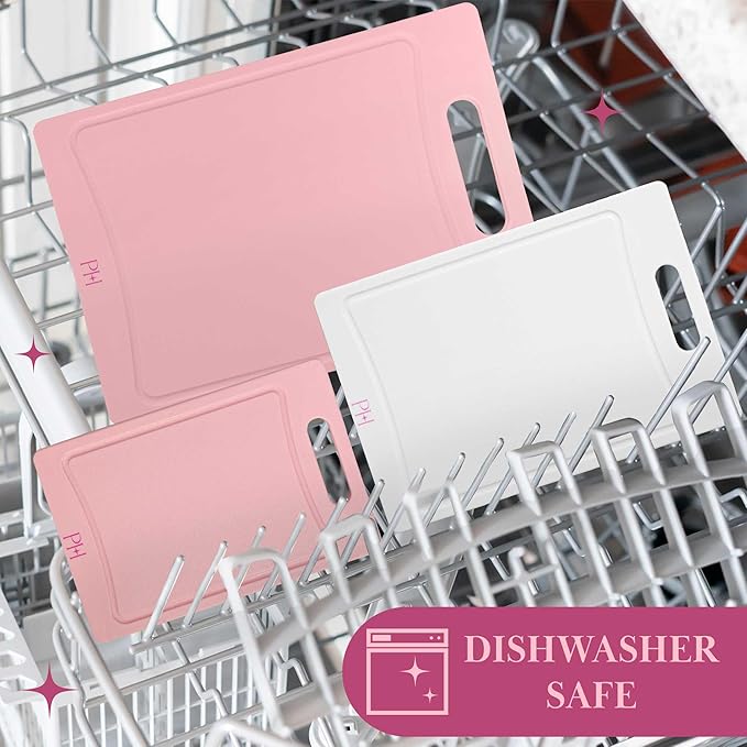 Paris Hilton Cutting Boards, Dual-Sided Cutting Board Set with Built-in Juice Grooves, Easy-Grip Handles, Heavy-Duty Plastic Made without BPA, Dishwasher Safe, 3-Piece Set, Pink and Cream - Image 6
