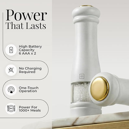 Electric Salt and Pepper Grinder Set - Styled Settings White Electric Salt and Pepper Shakers, Automatic Stainless Steel Set with LED Light, Battery Operated, Adjustable Coarseness, Wood Base