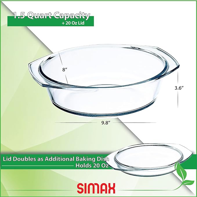 Simax Casserole Dish with Lid, 1.5 Quart Round Glass Casserole Dishes for Oven with Lid and Handles, Baking Dishes for Oven, Covered Bowl for Cooking, Baking, Serving, Microwave, Dishwasher, and Oven Safe Cookware