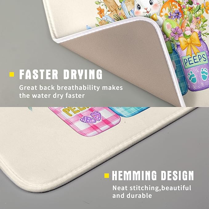Easter Bunny Carrots Dish Drying Mat for Kitchen Counter,Spring Colorful Flowers Mason Jar Drying Mat 16 x 18 Inch with Absorbent Reversible Microfiber Drying Pad for Coffee Bar - Image 3