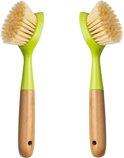 2 Pack Kitchen Dish Brush Bamboo Handle Dish Scrubber Built-in Scraper, Scrub Brush for Pans, Pots, Kitchen Sink Cleaning, Dishwashing and Cleaning Brushes are Perfect Cleaning Tools, Color-Green by Songtaste