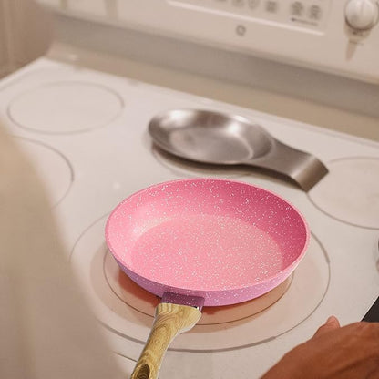 Frying Pan Nonstick, 9.5 Inch Pink Egg Pan, Non Stick Fry Pan 100% PTFE PFOA-Free Omelet Skillet Pan, Toxin-Free Skillets Stone Cookware, Anti-Warp Base with All Stove Tops, Induction Compatible - Image 5