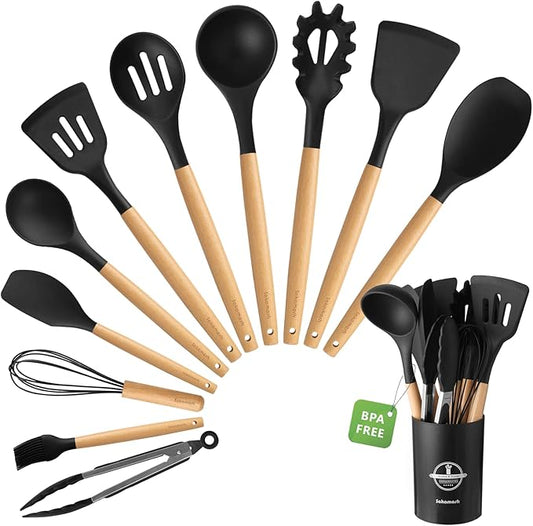 SAKAMOSH Silicone Cooking Utensils Set with Holder, 12 Pcs Heat Resistant Kitchen Utensils Set with Wooden Handle, BPA-free Spatula, Tongs, Spoons Set for Nonstick Cookware, Black