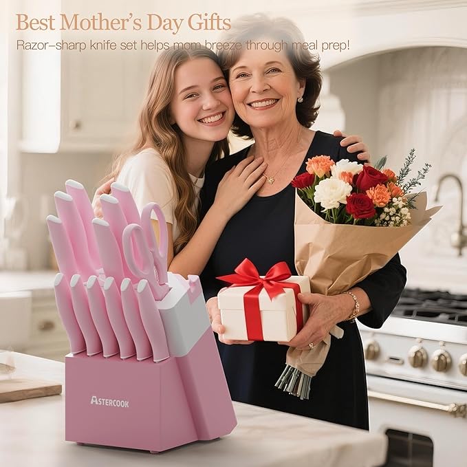 Astercook Knife Set, Kitchen Knives Set with Block and Sharpener 15 Pcs German Stainless Steel Knives Sharp Blade Dishwasher Safe Deba Knives with Ergonomic Handle, Crystal Pink Mothers Day Gifts - Image 3