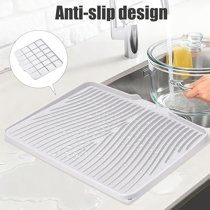 TIKNIK Silicone Dish Drying Mat, Stone Drying Mat for Kitchen Counter with Built-In Drain, Non-Slip Drain Pad with Built-in Drain, Heat Resistant Stone Drying Mat, Hangable, White-1pcs, 20" x 15" - Image 3