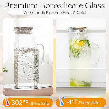 OneDream 68oz Square Glass Pitcher with Lid, 2 Pack Heat-Resistant Borosilicate Glass Water Pitcher, Wide Mouth Round Glass Pitcher with Handle, Leak-Proof Silicone-Edged Lid, for Iced Tea, Juice
