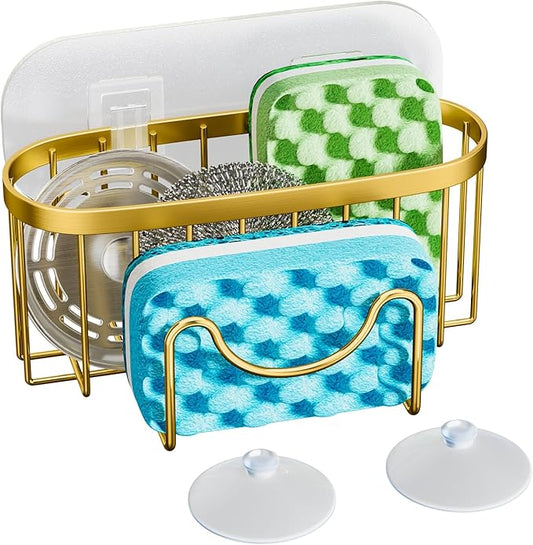 HapiRm Multifunctional Sponge Holder - 2 Installation Methods Sink Caddy with Unique M-shaped, Stainless Steel Kitchen Sink Organizer for Sponge, Brush, Stopper and Scraper - Gold by HapiRm