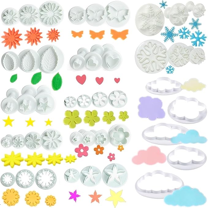 Flower Cookie Cutters,Cake Tools 44 Pcs Snowflake Cookie Cutter Cloud Fondant Cake Plunger Sugarcraft Flowers Leaf Butterfly Heart Shape Decorating Mold DIY Icing Plunger Cutters