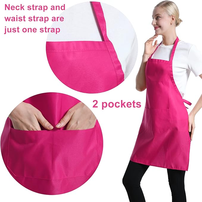 12 Pcs Bib Bulk Hot Pink Aprons for Women Men Adult Girls Unisex with 2 Pockets, Baking Cooking Kitchen Painting Apron (Pink,12 pcs) - Image 2