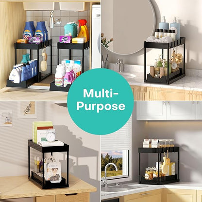 Under Sink Organizers 2 Pack, Pull-Out Sliding Cabinet Organizer with 2-Tier Storage Shelf & 4 Hooks, Multi-Purpose for Kitchen & Bathroom (13 Inch, Black) - Image 7