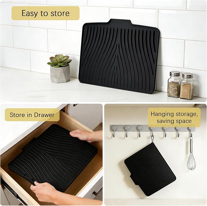 Silicone Drying Mat, 16"X13" With Built-in Drain Lip,Heat-Resistant,Eco-friendly,Hygienic Drying Pad,Leak-Proof and Non-Slip,Silicone Dish Drying Mat for Kitchen Counter or Sink（Black 16X13） - Image 7