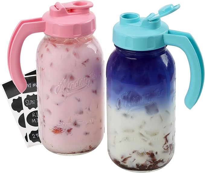 Soligt Glass Mason Jar Pitchers with Lids, Wide Mouth Flip Cap Pour Spout Leak-proof Lid with Handle, 64 oz/2 Quart, for Iced Coffee/Sun Tea Juice/Cold Brew/Milk (2 Pack, Taffy Pink + Baby Blue)