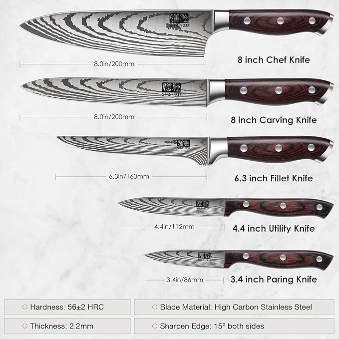 SHAN ZU Japanese Chef Knife Set 5 PCS, High Carbon Stainless Steel Ultra Sharp Kitchen Knives for cooking, Professional Chef Knife Set with Ergonomic Pakkawood Handle - Image 2