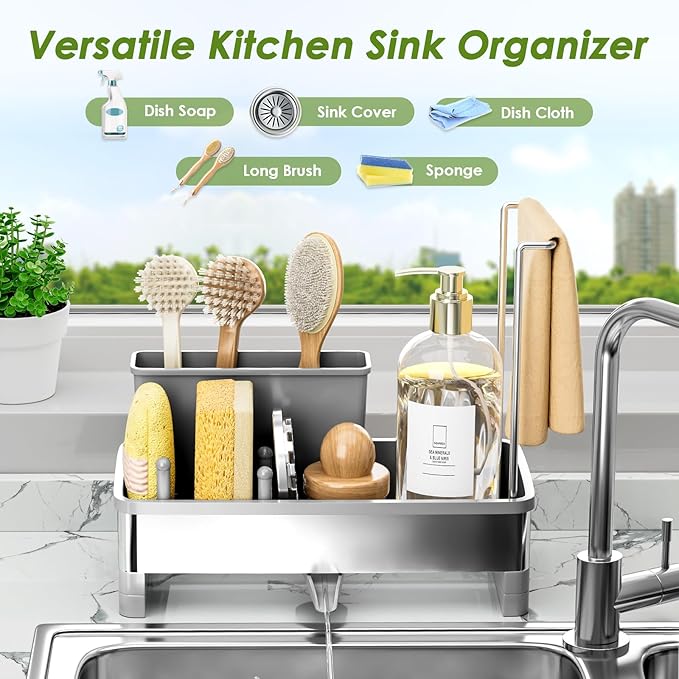 Ewaiira Stainless Steel Sink Caddy, Sponge Holder for Kitchen Sink with Brush Holder Dishcloth Rack, Rustproof Sink Organizer Countertop, Soap Dispenser Kitchen Organizers Storage Essentials, Gray9.8″ - Image 3