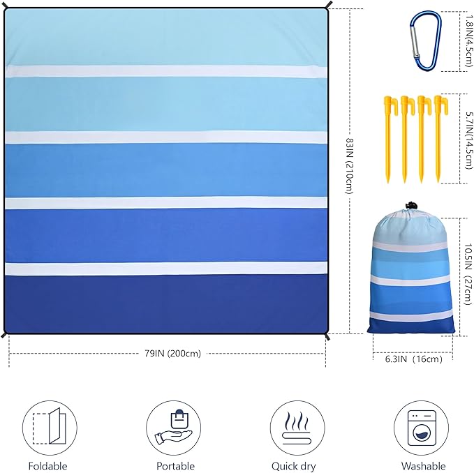WIWIGO Beach Blanket Waterproof Sandproof Beach Mat 79" X 83"/10'x9'for 2-8 Adults Quick Drying Outdoor Picnic Mat Beach Accessories for Travel, Camping, Hiking - Image 2