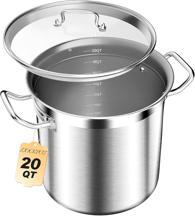 STOCKPOT Stainless Steel 20 Quart Stockpot with Tempered Glass Lid, 3-Ply Base, 8.8 lbs, Polished Finish, Suitable for Stovetop and Oven, Dishwasher Safe
