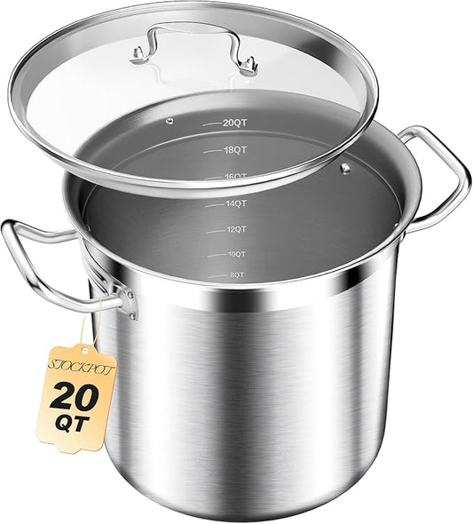 STOCKPOT Stainless Steel 20 Quart Stockpot with Tempered Glass Lid, 3-Ply Base, 8.8 lbs, Polished Finish, Suitable for Stovetop and Oven, Dishwasher Safe