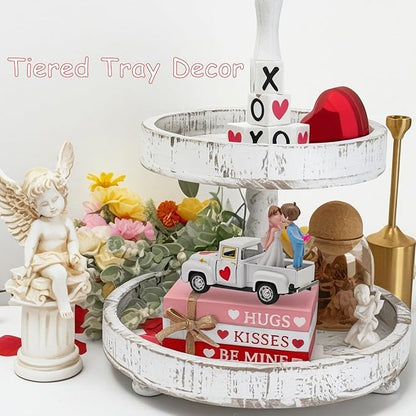 Valentines Day Decorations Farmhouse Vintage Mini Truck with Love Couple Figurines, Heart Pattern, Valentine's Day Home Tiered Tray Decor Valentine & Wedding Table Centerpiece Gifts for Her Him
