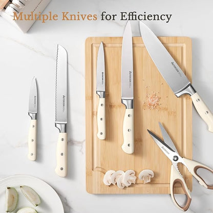 Knife Set,Astercook Kitchen Knife Set with Block 22-Piece Full Tang Stainless Steel Knives with Sharpener Dishwasher Safe and Anti-Slip Ergonomic Handle Elegant Cream White Utensils Set - Image 7