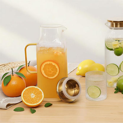 2 Pack 68oz/2 Liter Square Glass Pitcher with Handle and Lid, Classic Stripes Glass Water Pitcher with Handle for Fridge, Iced Tea, Coffee, Borosilicate Glass Carafe for Hot/Cold Brew Drink