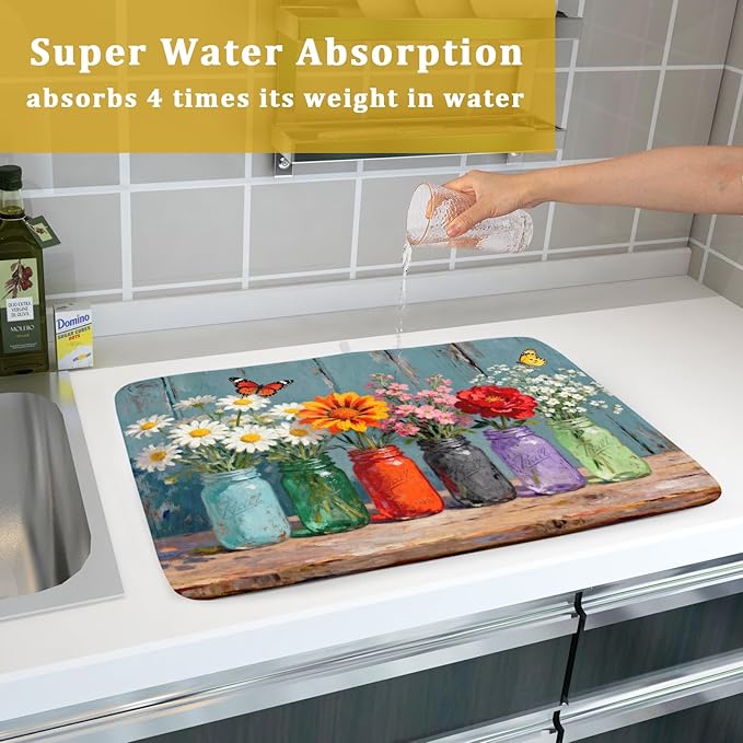 Dish Drying Mat for Kitchen Counter 18x24, Spring Summer Floral Decorative Absorbent Reversible Microfiber Kitchen Countertop Protector Dishes Drainer Pad - Image 7