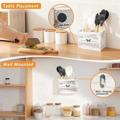 Retro White Wood Kitchen Utensil Holder - Small, Durable & Ideal for Kitchen Counter Decor （Retro White 2 Compartment）