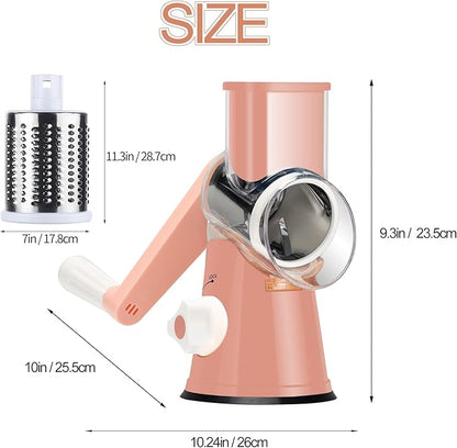 Ourokhome Rotary Cheese Grater Hand Crank, Kitchen Shredder Speed Mandolin Slicer Nuts Grinder with Handle and Drum Blades for Cheese, Vegetable, Walnuts, Chocolate, Potato, Carrot, 3 Blades, Pink - Image 7
